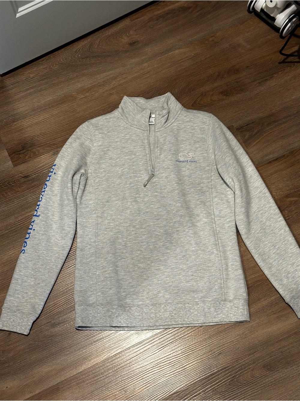 Vineyard Vines Light Gray Quarter-Zip Pullover with Blue Sleeve Script
